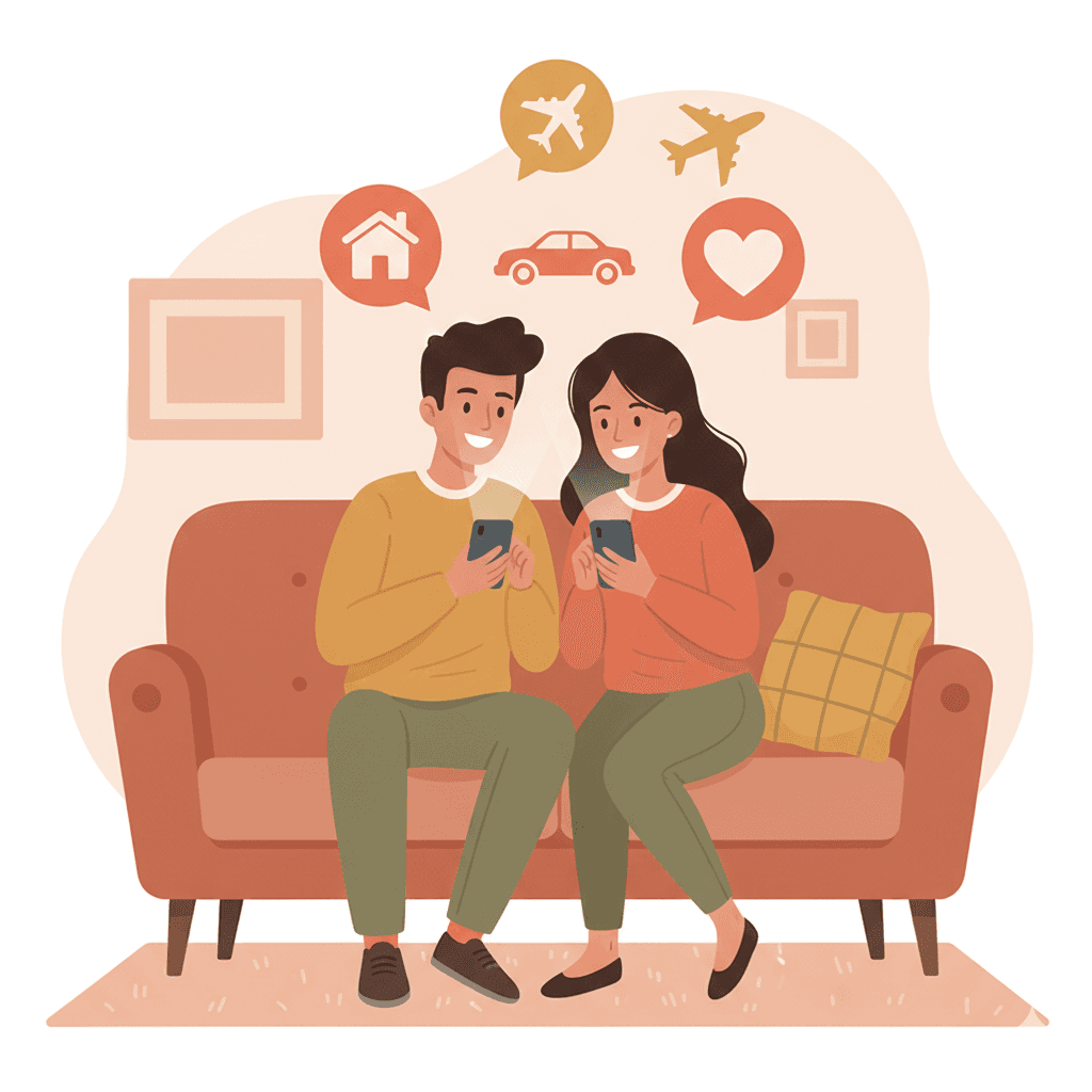 Casal sentado no sofá gerenciando finanças juntos